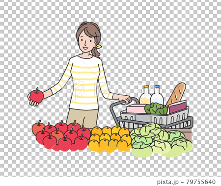 ショッピングカートで買い物をする若い女性 ショッピングカートで買い物をする若い女性 79755640