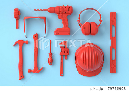 Top view of monochrome construction tools for repair on blue and red 79756998