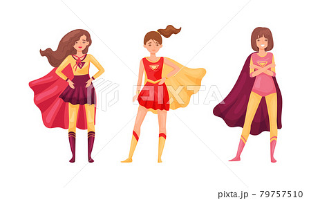 Superhero Woman Character in Waving Cloak Rushing to Rescue Vector Set 79757510