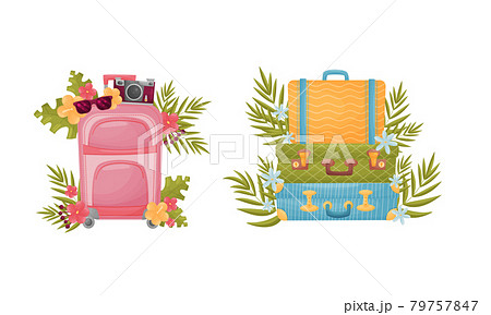 Travel Suitcase and Trunks with Green Leaves and Vacation Symbols Vector Set 79757847
