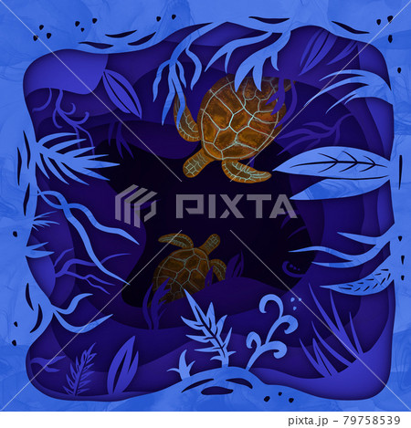 Paper art underwater ocean with turtle silhouette. 79758539
