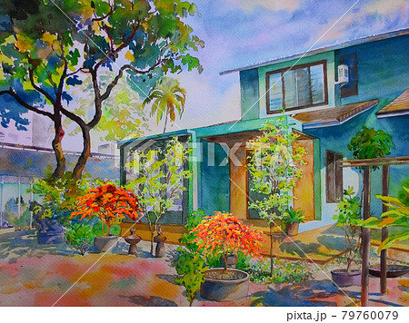 Watercolor painting of my home,flowers garden. Watercolor painting of my home,flowers garden. 79760079