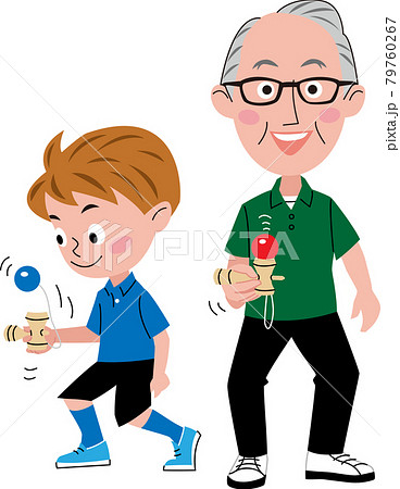 おじいちゃんと孫息子がけん玉をしているイラストのイラスト素材