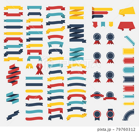 Big popular set of different color ribbons and signs on white background. Four pillars with random style and colors. Vector Illustration. 79760312