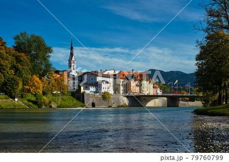 Bad Tolz - picturesque resort town in Bavaria, Germany in autumn and Isar river Bad Tolz - picturesque resort town in Bavaria, Germany in autumn and Isar river 79760799