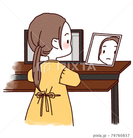 デスクに向かい鏡を見る女性のイラスト素材