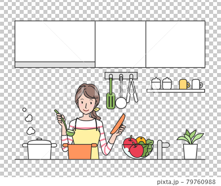 A young woman in an apron cooking in the kitchen 79760988