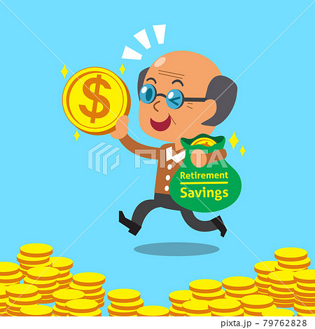 Cartoon an old man with retirement savings bag 79762828