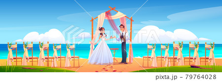 Beach wedding ceremony with newlywed couple Beach wedding ceremony with newlywed couple 79764028