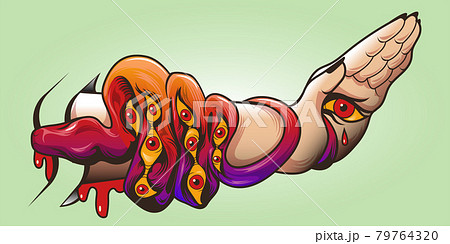 Tattoo art with snake, eyes on skin and woman hand 79764320