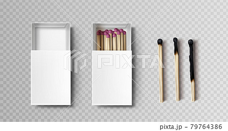 Matches in box, stages of burning matchsticks 79764386