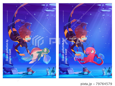 Ocean pollution with plastic trash cartoon posters 79764579