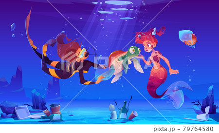 Diver girl and mermaid help underwater animals 79764580