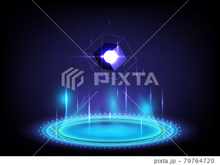 3D cube. Abstract background. Portal and hologram science futuristic. Sci-fi digital hi-tech in glowing HUD with halo. Magic gate in game fantasy. Circle teleport podium. GUI and UI virtual reality 79764720