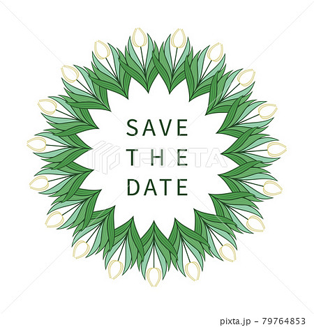 Frame with flowers and leaves of tulips. Wreath, bouquet with place for text. Modern design for invitations and cards. Vector 79764853