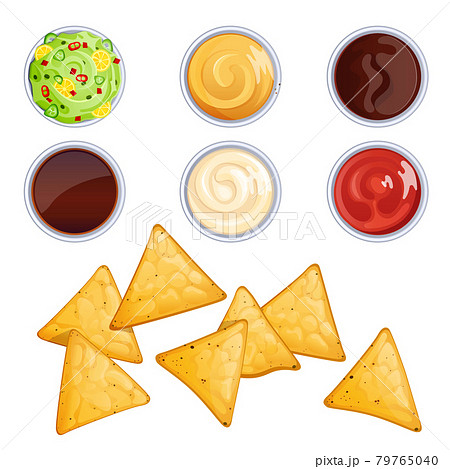 Nacho chips and sauces in bowls, mexican food 79765040