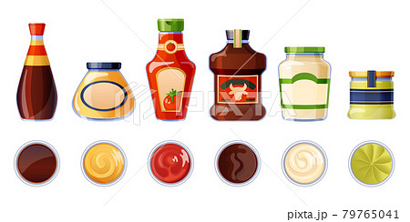 Set of different sauces in bottles and bowls. 79765041