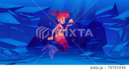 Cute mermaid with little fish underwater in sea Cute mermaid with little fish underwater in sea 79765046
