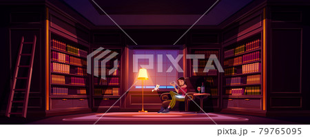 Young woman at home library writing with wine 79765095