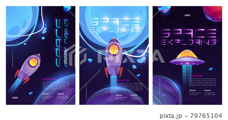 Space exploring posters saucer, planets, rocket 79765104
