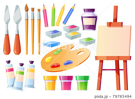 Artist tools, brushes, palette, easel and paints Artist tools, brushes, palette, easel and paints 79765494