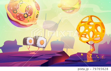 Fast food planet cartoon poster with pizza 79765628