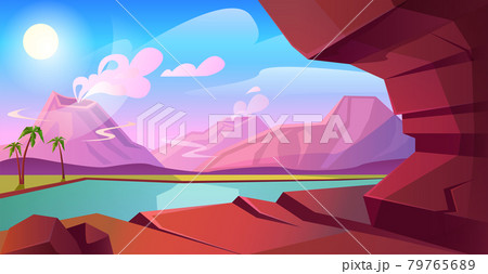 Prehistoric landscape with volcano and lake Prehistoric landscape with volcano and lake 79765689