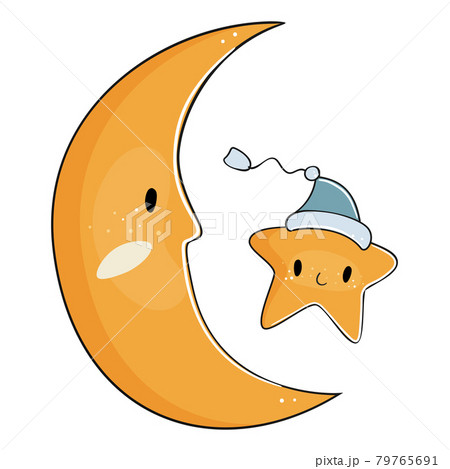 Cute cartoon moon and star. Vector illustration. Cute cartoon moon and star. Vector illustration. 79765691