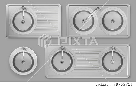 Stainless kitchen sinks with taps in top view Stainless kitchen sinks with taps in top view 79765719