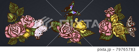 Flower bouquet of colored lemon butterfly, purple spotted swallowtail, forest mother-of-pearl, roses Flower bouquet of colored lemon butterfly, purple spotted swallowtail, forest mother-of-pearl, roses 79765783
