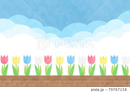 雲の背景 長方形 チューリップの花壇 水彩風のイラスト素材