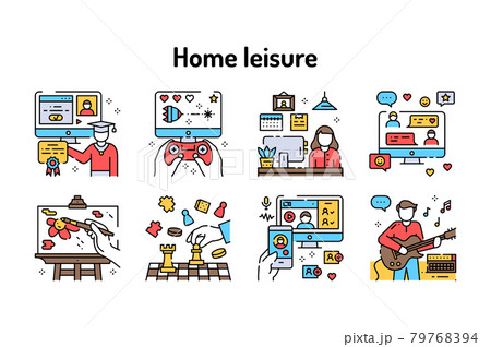 Home leisure color line icons. Hobby: E-learning, gaming, painting. Vector isolated illustration. Editable stroke. 79768394