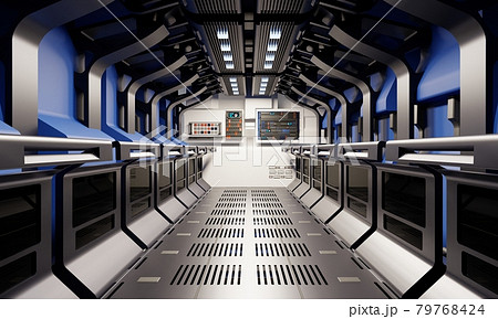 Spaceship hallway and secret basement corridor interior with blue and silver grey color background. Modern technology and astrology science concept. 3D illustration rendering graphic design 79768424