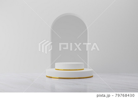 White product podium stage mockup with gold ring background. Abstract minimal geometry concept. Exhibition and business marketing presentation. 3D illustration rendering graphic design 79768430