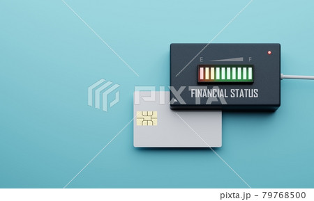 Credit card financial status balance checking device on blue background. Business economy and investment concept. Cash flow electronic indicator machine theme. 3D illustration rendering graphic design 79768500