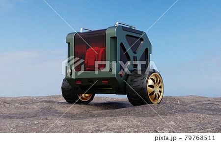 Two-wheel parcel and spare part delivery balancing box bot on rock hill beside beach and sea in outdoor background. Technology and transportation concept. 3D illustration rendering Two-wheel parcel and spare part delivery balancing box bot on rock hill beside beach and sea in outdoor background. Technology and transportation concept. 3D illustration rendering 79768511