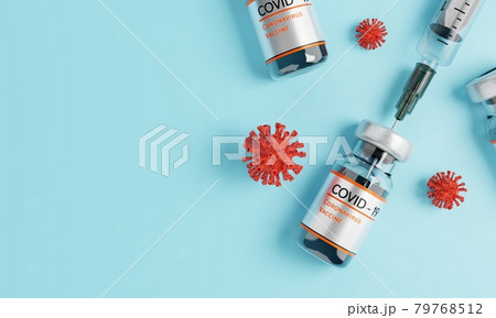 Coronavirus vaccine bottle with injection syringe and virus on blue background. Health and medical concept. 3D illustration rendering graphic design Coronavirus vaccine bottle with injection syringe and virus on blue background. Health and medical concept. 3D illustration rendering graphic design 79768512