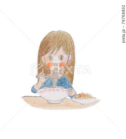 手描きイラスト ラーメンとチャーハンを食べる人のイラスト素材