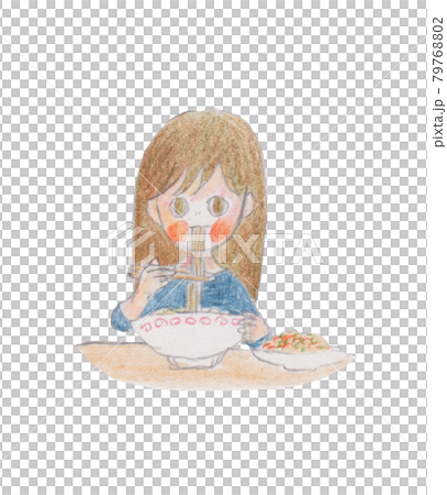 手描きイラスト ラーメンとチャーハンを食べる人のイラスト素材