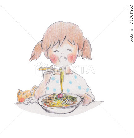 手描きイラスト 冷やし中華を食べる女の子のイラスト素材