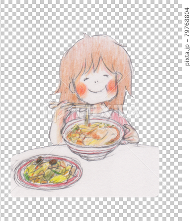 手描きイラスト ラーメンと焼きそばを食べる人のイラスト素材