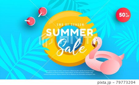 Summer sale design with ocean, tropical leaves and pink flamingo inflatable circle for flyer, invitation, poster, website or greeting card. 79773204