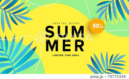 Summer sale editable template banner with fluid liquid elements, tropical leaves and bubble forms for flyer, invitation, poster, website or greeting card. 79773398