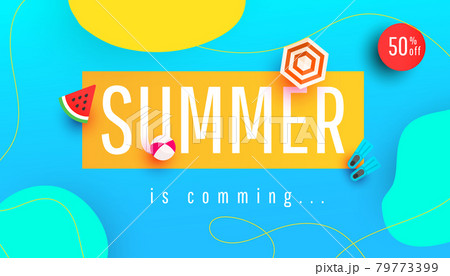 Summer is coming banner vector illustration with tropical leaves, bubble forms and beach accessories pattern background. Promotion banner for website, flyer and poster Summer is coming banner vector illustration with tropical leaves, bubble forms and beach accessories pattern background. Promotion banner for website, flyer and poster 79773399