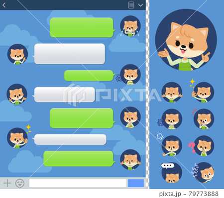 SNS画面で様々な感情表現をするイヌの女の子のセット 79773888