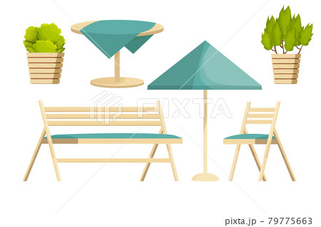 Backyard furniture set chair, wooden bench, table with tablecloth and plants in cartoon style isolated on white background. Luxury collection, patio leisure 79775663