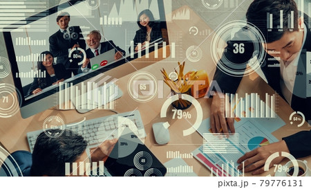 Creative visual of business people in a corporate staff meeting on video call 79776131
