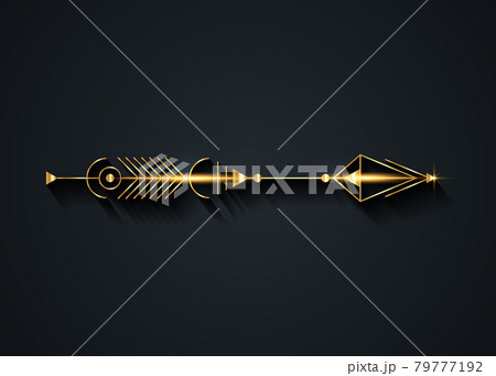 Gold arrow luxury design. Vector minimalism, sacred geometry totem, hipster design elements. vector art, clipart. Golden Abstract Mystic Geometric symbols isolated on black background Gold arrow luxury design. Vector minimalism, sacred geometry totem, hipster design elements. vector art, clipart. Golden Abstract Mystic Geometric symbols isolated on black background 79777192