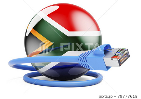 Internet connection in South Africa. Lan cable with South African flag, 3D rendering 79777618