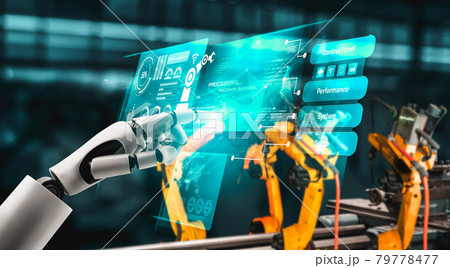 Mechanized industry robot and robotic arms for assembly in factory production . 79778477